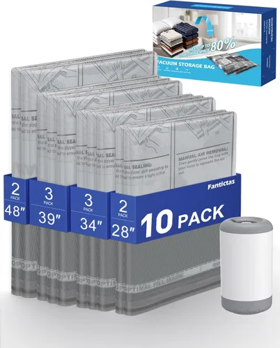 Fantictas Travel Vacuum Storage Bags with Rechargeable Air Pump, 10 Pack Portable Space Saver Bags, Compression Bags for Clothing, Bedding, Seasonal