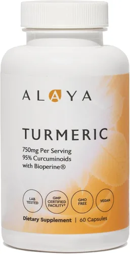 Alaya Naturals Suplemento de curcumina de cúrcuma con BioPerine – 750 mg por porción, 95% extracto de curcumina cápsulas de cúrcuma para comodidad