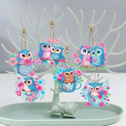 Miniatura 6 de LUSandy Juego de 6 llaveros de pintura de diamante con diseño de búho y flores azules 5D para adultos, diseño especial de búho de doble cara