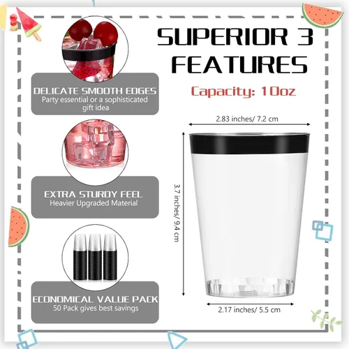 Miniatura 2 de Norme 50 piezas de vasos de plástico de 10 onzas para fiesta, vasos desechables transparentes con borde para boda, Acción de Gracias, Navidad