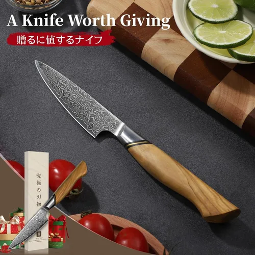 Miniatura 6 de TIVOLI Cuchillo Mondador de Acero de Damasco, Cuchillo de Frutas VG-10 con Hoja Extremadamente Afilada y Mango Ergonómico de Madera de Olivo, Ideal