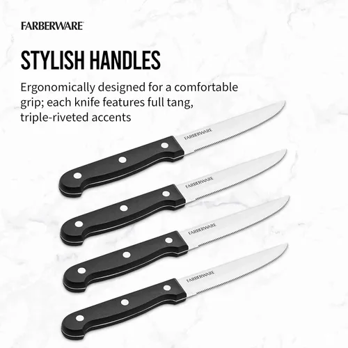Miniatura 5 de Farberware Juego de cuchillos para carne de acero inoxidable con remaches de espiga completa, 4 piezas, color negro