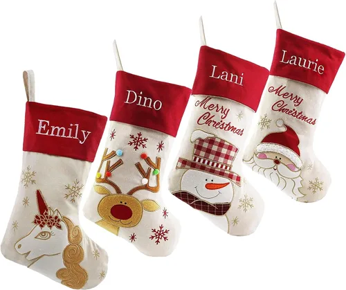 Miniatura 16 de Juego de 3, medias de Navidad personalizadas de 18 pulgadas con tecnología de bordado, diseños de Papá Noel, muñeco de nieve y renos para decoración