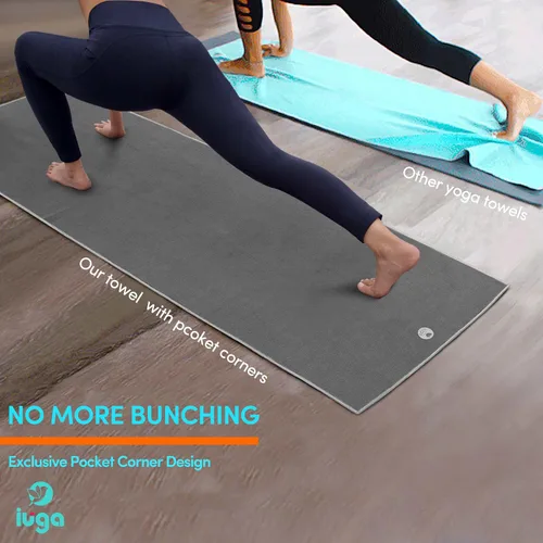 Miniatura 3 de IUGA Toalla de yoga para yoga caliente, antideslizante, toalla de esterilla de yoga extra gruesa + toalla de mano 2 en 1 con bolsillos en las Gris