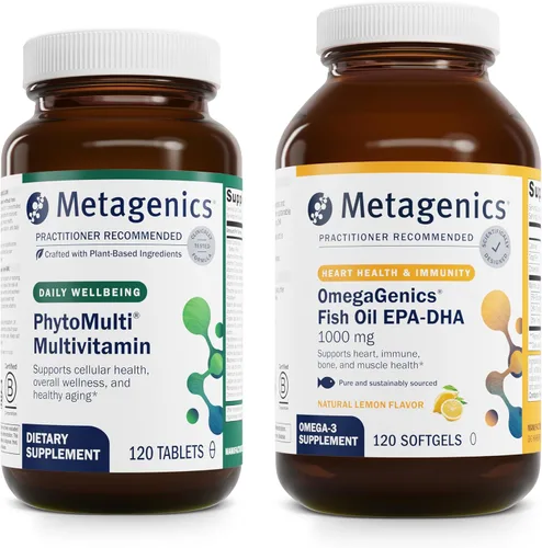 Metagenics Essential Wellness Duo: OmegaGenics EPA-DHA 10000 y PhytoMulti sin hierro - Multivitamínico diario para la salud general y el