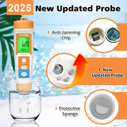 Miniatura 2 de YINMIK Probador de sal de piscina Nueva actualización Medidor de salinidad 5 en 1 pH TDS EC para piscinas de agua salada Probador de salinidad 5