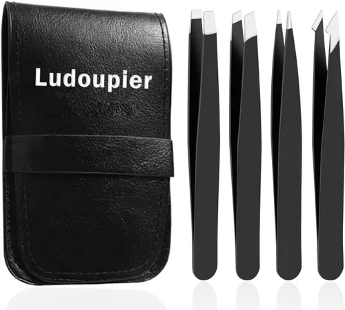 LUDOUPIER [4+1 piezas] Juego de pinzas con estuche de viaje, pinzas de aleación antioxidante profesionales de gran precisión para mujeres y hombres,