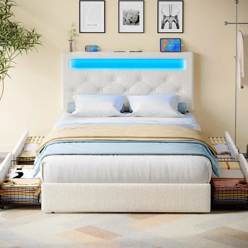 Miniatura 12 de Rolanstar Base de cama individual con estación de carga, cama LED con almacenamiento debajo de la cama, cabecera ajustable de 38.9/40.8 pulgadas,