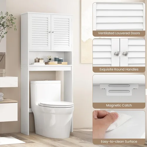 Miniatura 7 de Giantex Armario de almacenamiento sobre el inodoro, estante de baño independiente de 3 niveles con gabinete de puerta de listones y estante