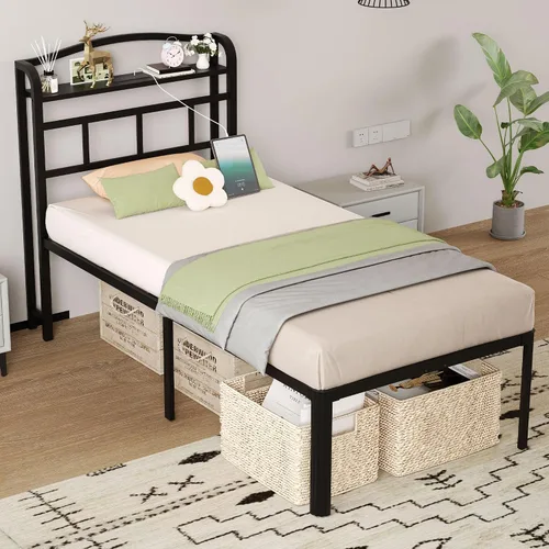 Miniatura 7 de SHOANED Base de cama de metal de 18 pulgadas, base de colchón básica de plataforma resistente de color negro con cabecera y estación de carga,