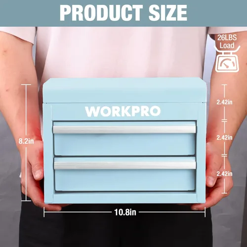 Miniatura 2 de WORKPRO Caja de herramientas mini de metal, cajonera superior con dos cajones con guías de rodamiento de bolas, forros de PVC para cajones y Azul