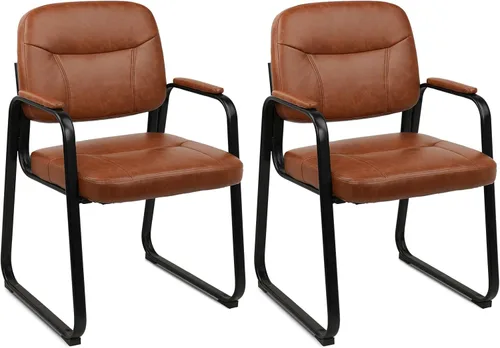 CLATINA Sillas de recepción de espera sin ruedas, silla de invitados de cuero con brazos acolchados, modernas sillas de escritorio de oficina marrón
