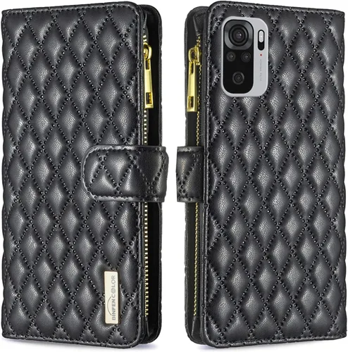 XYX Funda tipo cartera compatible con Xiaomi Redmi Note 10s, de piel sintética duradera de lujo, con cierre de cremallera, con correa para la Negro