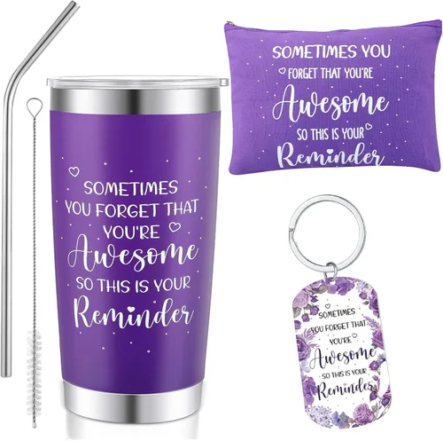 Zhehao Juego de 3 regalos de cumpleaños morados para mujeres, set de regalos inspiradores de 20 onzas, con texto en inglés "You Are Awesome ", bolsa