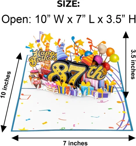 Miniatura 3 de iGifts And Cards Tarjeta desplegable 3D de feliz cumpleaños 87 – Diseño azul con números de purpurina, globos, pasteles y regalos – Tarjeta