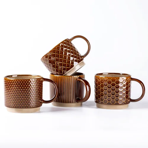 GBhome Tazas de café apilables de 8 onzas, tazas de café de cerámica con patrones de textura para hombre, mujer, papá, mamá, juego de 4 tazas de