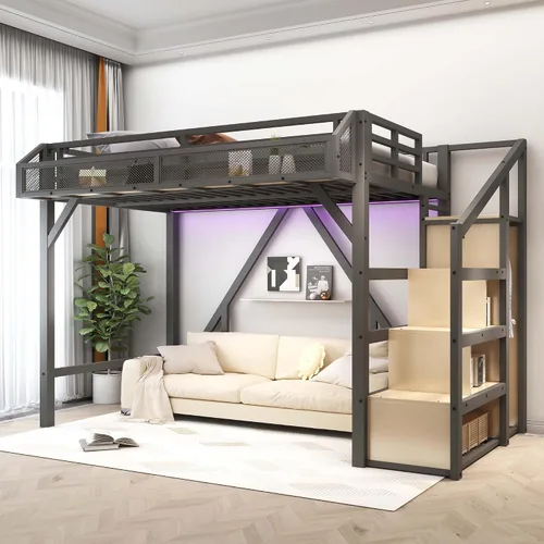 Miniatura 20 de Cama alta convertible de tamaño individual con escaleras de almacenamiento, estantes y armario, marco de cama de metal con barandilla de seguridad