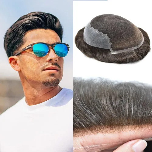 Miniatura 20 de Mens Toupee Human Hair Replacement System Swiss Lace Toupee For Men Hair Piece Protesis Capilar Mens Hairpiece 5X7#1 Jet Black 120% Density