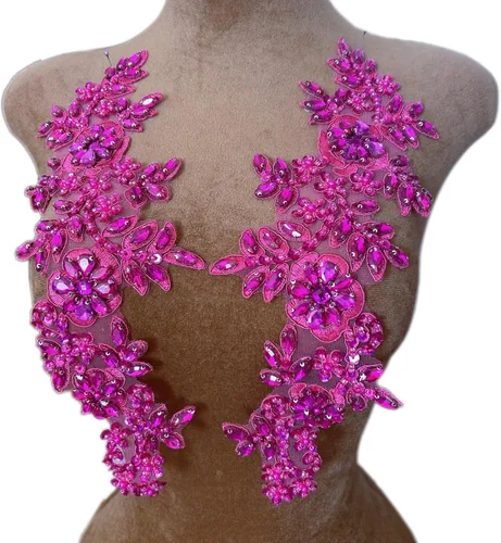 Miniatura 14 de 1 par de decoraciones de vestido de novia de 5.1 x 13.4 in, parches de encaje para coser con cuentas de diamantes de imitación sueltas, piedras