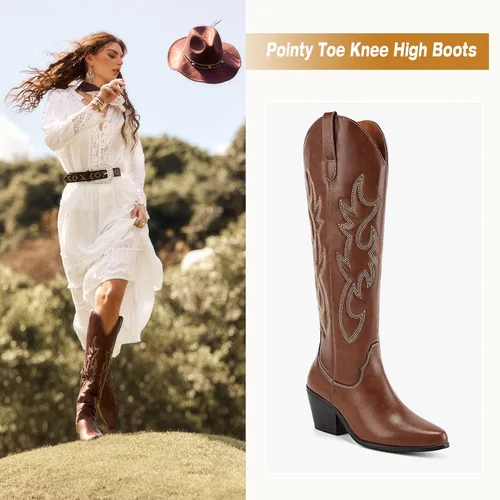 Miniatura 2 de TINSTREE Botas vaqueras bordadas para mujer, botas vaqueras occidentales, botas altas hasta la rodilla