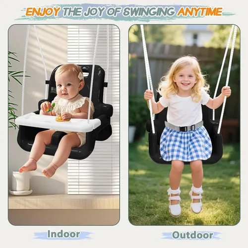 Miniatura 6 de Columpio mejorado para niños pequeños con bandeja, columpio para bebé al aire libre con diseño desmontable, cinturón de seguridad, marco plegable