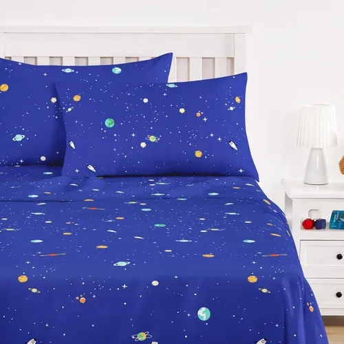 Wake In Cloud - Sábanas espaciales para niños, 100% algodón, juego de sábanas de 4 piezas para niños, Galaxy Celestial, estrellas, cohetes,