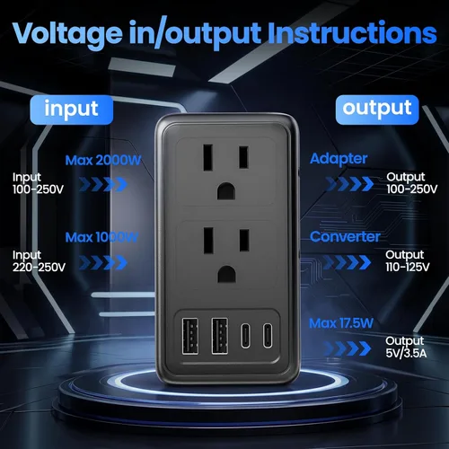 Miniatura 6 de Convertidor de voltaje de 2000 W 220 V a 110 V de EE. UU. a Europa para secador de pelo, convertidor para viajes europeos, adaptador de viaje con 2