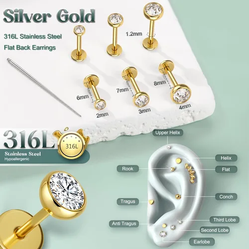 Miniatura 3 de GEMQUEEN Aretes tipo dormilona plana: aretes de acero quirúrgico de titanio rellenos de oro de 14 quilates, hipoalergénicos para mujeres y hombres