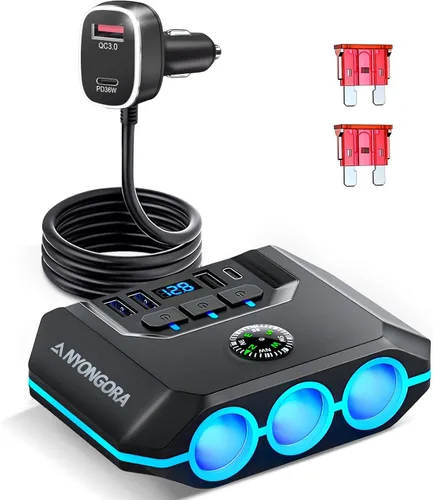 Miniatura 7 de Anyongora Divisor de encendedor de cigarrillos 7 en 1, adaptador de cargador de coche de 120 W, 12 V/24 V, 3 enchufes e interruptores