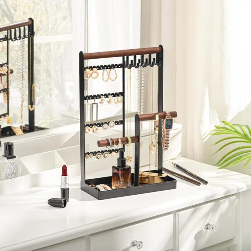 Miniatura 3 de MetWoods Organizador de joyas con bandeja, organizador de joyas de 5 niveles, organizador de aretes con 48 agujeros, 10 ganchos, soporte