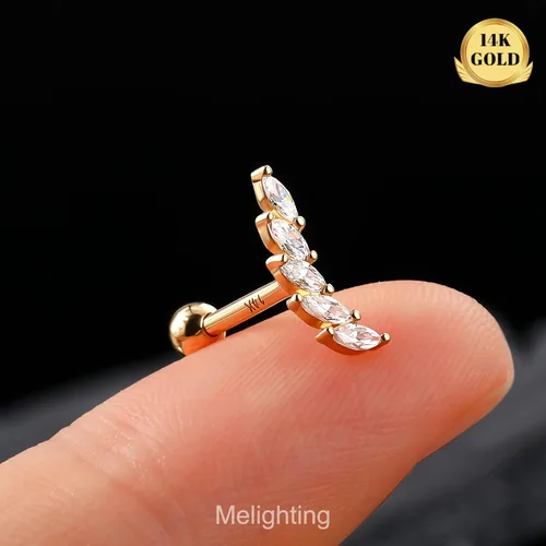 Miniatura 2 de Melighting Aretes de oro macizo de 14 quilates, 0.56 oz, joyería de piercing Tragus de oro transparente con circonita cúbica curvada para cartílago