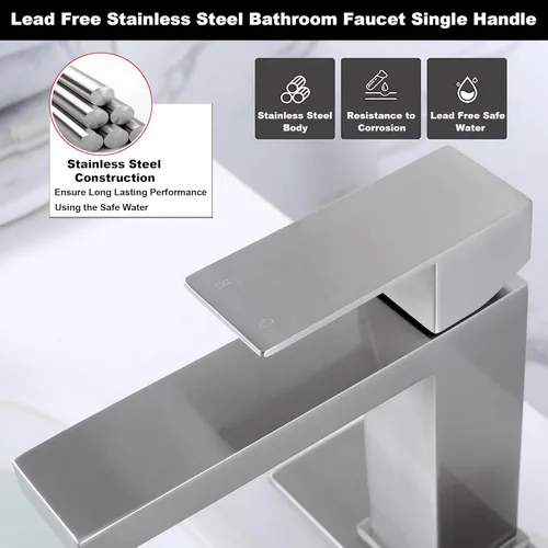 Miniatura 5 de Grifo de baño de un solo agujero, grifo de baño de acero inoxidable de níquel cepillado con tapón emergente, grifo de lavabo de baño AML-1141-BN