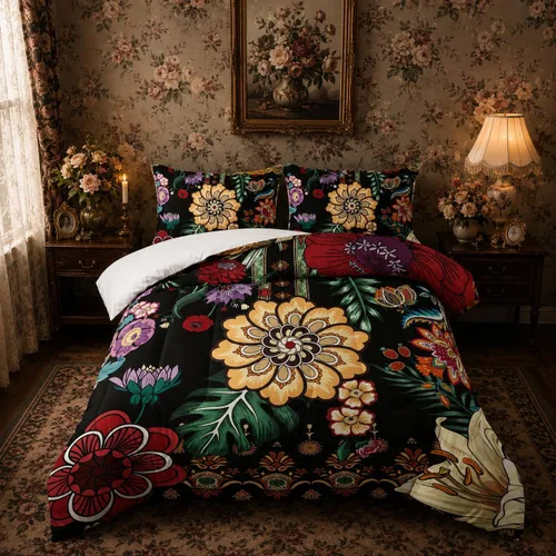 Miniatura 19 de Juego de edredón floral colorido de 3 piezas, juego de ropa de cama botánica bohemia tamaño queen, diseño boho de granja con flores y hojas impresas