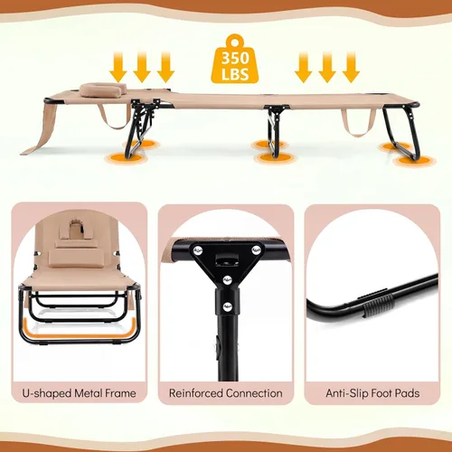 Miniatura 9 de COSTWAY Silla de bronceado con agujero facial, almohadas y respaldo ajustable de 4 posiciones, portátil con bolsa de transporte, tumbona de playa