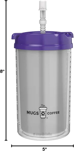Miniatura 4 de Taza de hospital de doble pared de 32 onzas con pajilla, tapa y asa moradas Mugs N Coffee