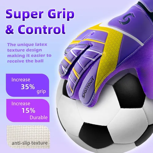 Miniatura 2 de Sportout Guantes de portero para niños, guantes de fútbol con doble protección en la muñeca y material de látex resistente al desgaste y Púrpura
