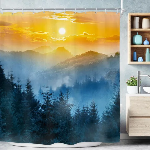 Miniatura 10 de Riyidecor Cortina de ducha pequeña con diseño de bosque de montaña, 36 pulgadas de ancho x 72 pulgadas de alto, color azul marino, bosque brumoso