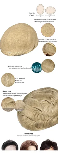 Miniatura 2 de Piezas de cabello para hombre, 100% cabello humano real europeo de 8 x 10 pulgadas, gorra base súper suave y transpirable, encaje francés completo