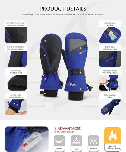 Miniatura 2 de Caracaleap Guantes de esquí de invierno para hombres y mujeres para clima frío, guantes de snowboard cálidos, guantes impermeables para deportes