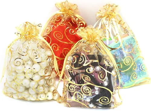 Miniatura 7 de Staruby Bolsas de regalo de organza, 100 bolsas de organza transparente dorada de 4 x 6 pulgadas, bolsas de regalo con cordón para joyas, ratán, 100