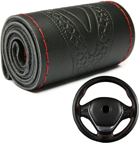 Miniatura 11 de Funda para volante de automóvil, ajuste universal, punto redondo, funda fina de piel sintética cosida en volante de automóvil de 15 pulgadas (negro)
