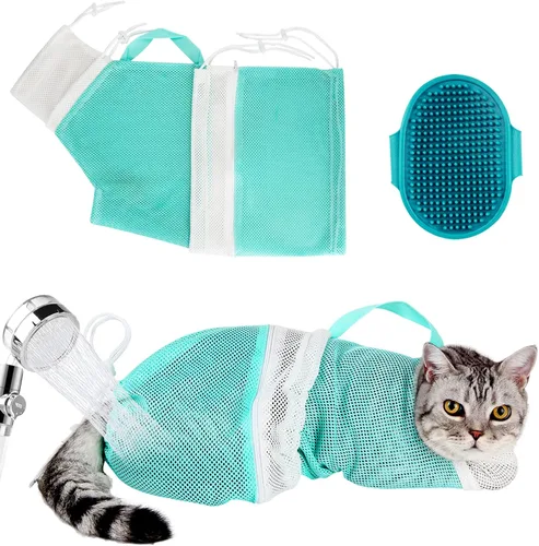 Miniatura 14 de Juego de baño para gatos, 8 piezas, red de ducha para gatos, bozal de malla, cepillo ajustable, cortaúñas, removedor de garrapatas, restricción