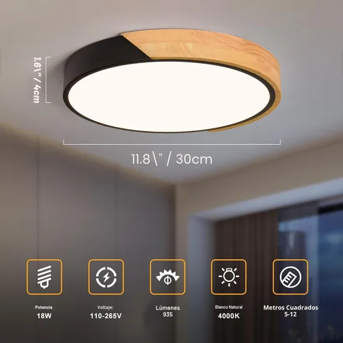 Miniatura 3 de Moderna lámpara de techo de madera regulable, LED minimalista 5CCT 2700K-6000K, lámpara de techo empotrada, lámpara de iluminación redonda para Negro