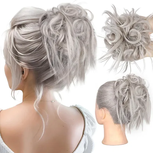 Miniatura 39 de HMD - Extensiones de cabello tipo chongo alborotado con rodelo despeinado, banda elástica de goma, extensiones de cabello sintético para mujer