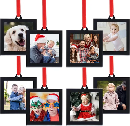 UNIQOOO 8 adornos de marcos de fotos de acrílico negro de Navidad para mostrar fotografías, 2.5 x 2.5 pulgadas decoración colgante festiva, marcos