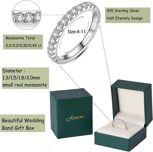 Miniatura 3 de YODEWA Alianza de boda de moissanita para mujer, plata de ley 925 de media eternidad, 0.20.30.350.42 quilates, color D, VVS, diamante creado