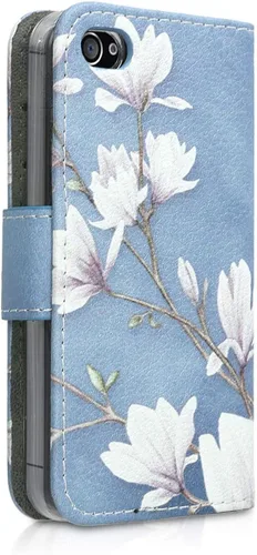 Miniatura 3 de kwmobile Funda tipo cartera compatible con Apple iPhone 4 y 4S, magnolias gris topo, blanco, azul y gris