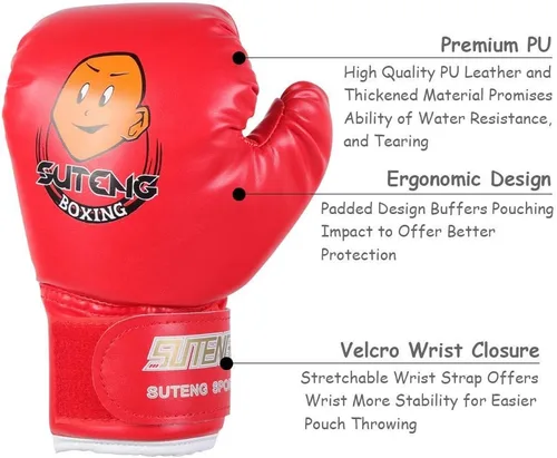 Miniatura 2 de Guantes de boxeo para niños Guantes de entrenamiento de cuero PU Guantes de entrenamiento de dibujos animados para niños Guante Muay Thai (rojo)