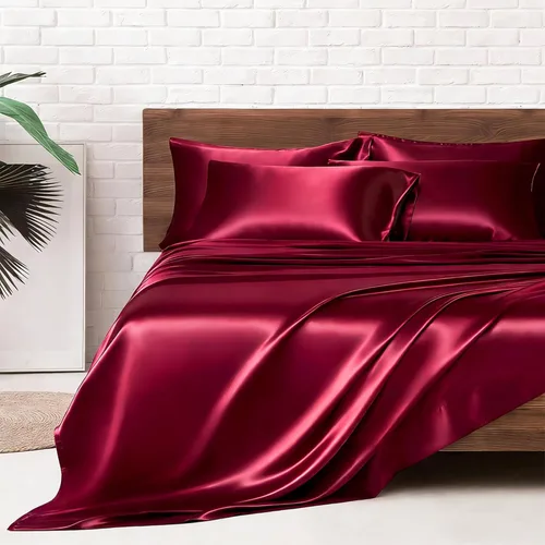 Miniatura 31 de MR&HM Sábanas de satén para cama de tamaño King, juego de 4 piezas de ropa de cama sedosa con bolsillo profundo de 15 pulgadas para colchón