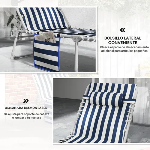 Miniatura 9 de Outsunny Silla bronceadora con agujero frontal, mesa auxiliar, sillón reclinable plegable de 5 posiciones, tumbona reclinable, correas de transporte